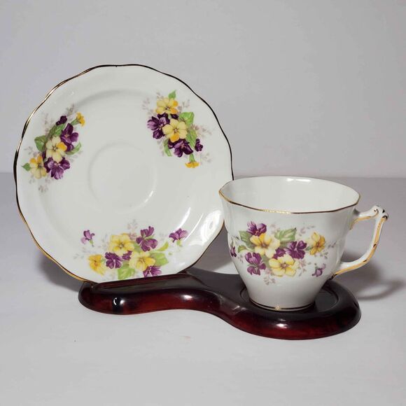 Old Royal Demitasse (Small) Teacup and Saucer Purple Yellow Flowers Vintage - Picture 1 of 9